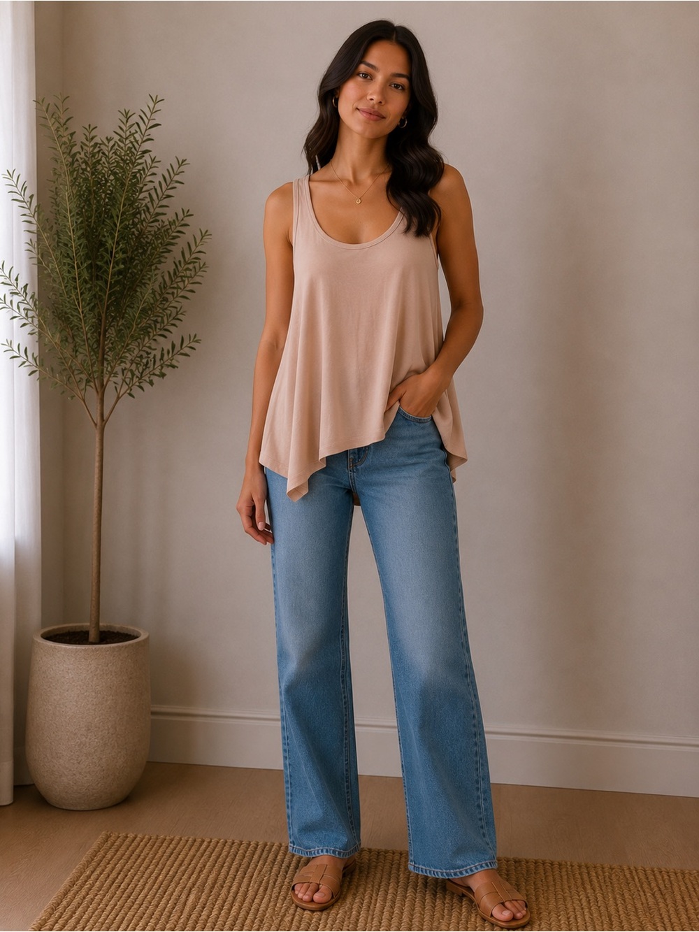 Zenana Outfitters Women's Flowy Scoop Neck Tank - Beige